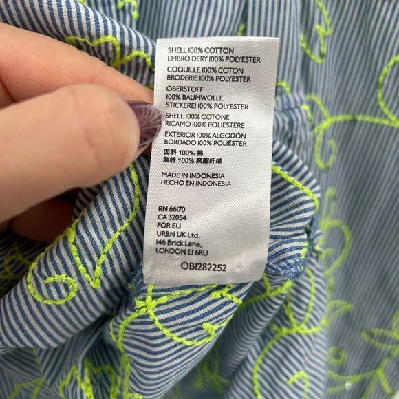 ANTHROPOLOGIE Maeve Clarissa Blue Stripe Neon Green Beaded Embroidered Top 6 - Picture 8 of 8